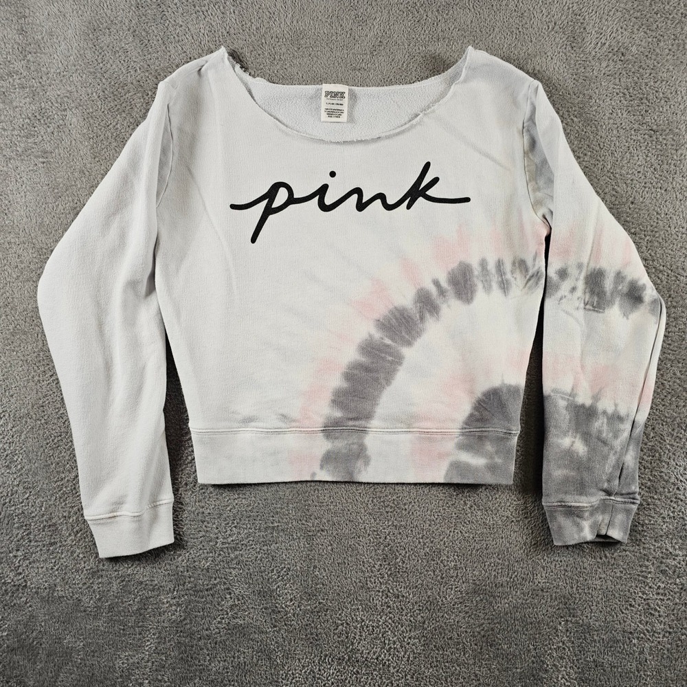 Victoria's Secret PINK Tie Dye Cropped Sweatshirt Grey Pink Logo S Small